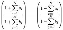        $\left(\frac{\dsize1+\sum_{i=1}^Na_i}{\dsize1+\sum_{j=1}^{M}b_j}
       \right) \qquad \left(\frac{\dsize1+\botshave{\sum_{i=1}^N}a_i}{\dsize1+
       \topshave{\sum_{j=1} ^{M}b_j}}\right)$